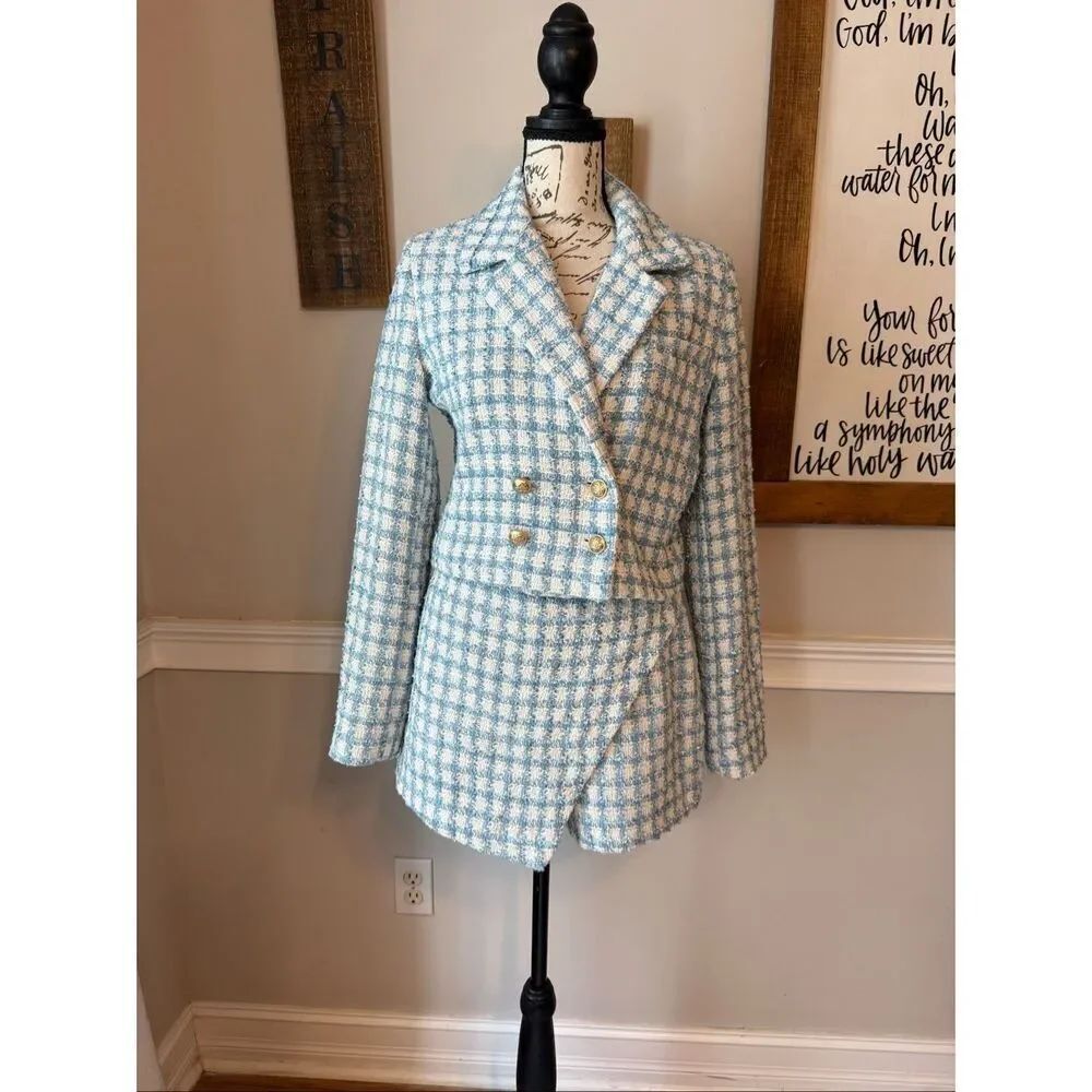 Jason Wu Women's Plaid Tweed Double Breasted Skort Set Blue White Size 4 NWOT